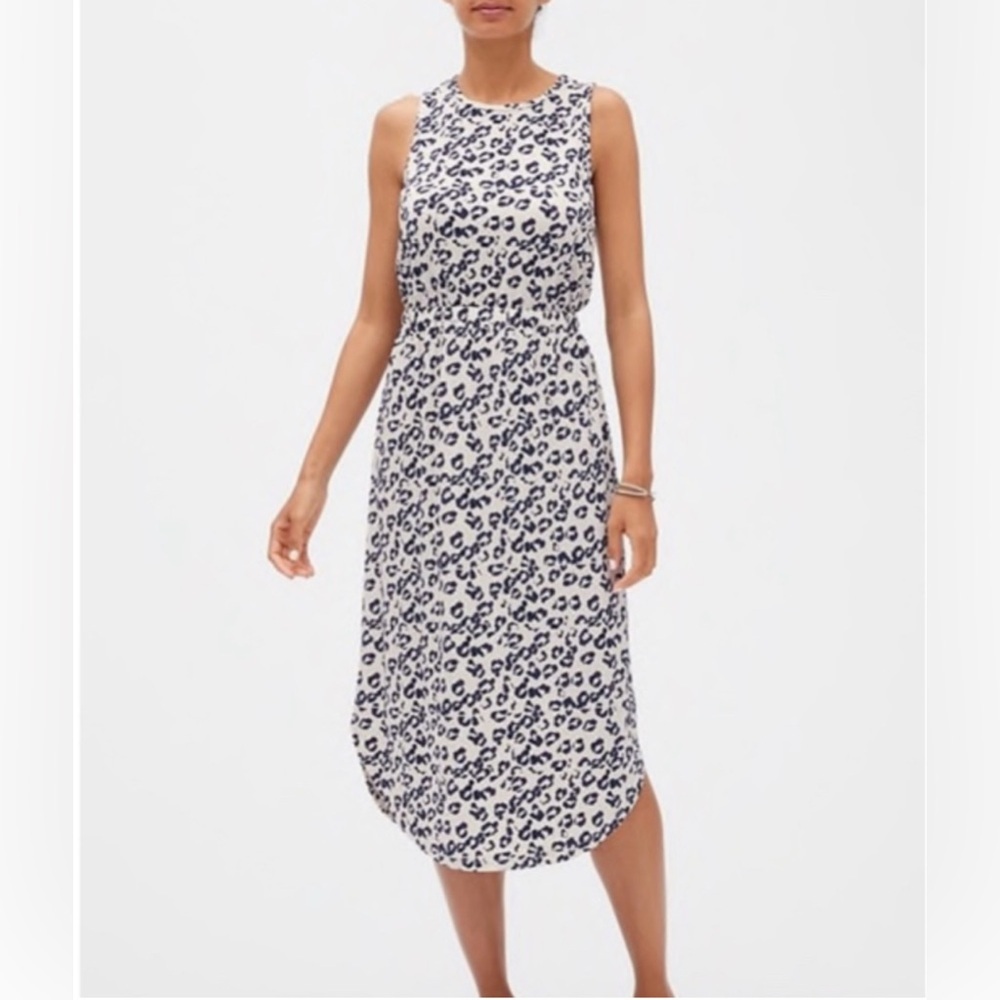 Banana Republic Cream Blue Leopard Cross Back Midi Dress Stretch Small